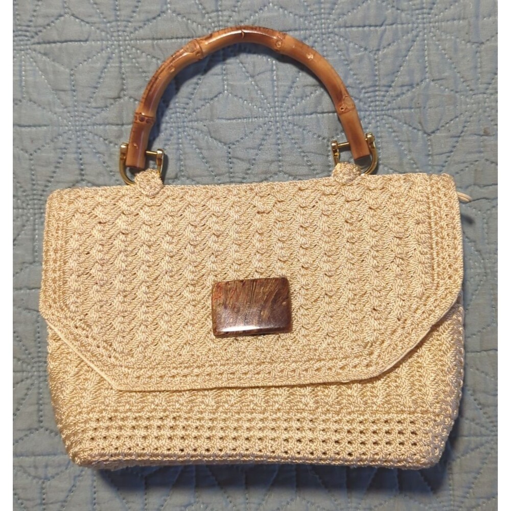 Christian Livingston Ivory Woven Handbag Bamboo Handle Tortoise Shell Accent